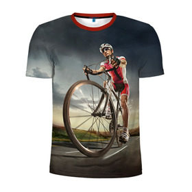 Мужская футболка 3D спортивная с принтом Велогонщик в Петрозаводске, 100% полиэстер с улучшенными характеристиками | приталенный силуэт, круглая горловина, широкие плечи, сужается к линии бедра | Тематика изображения на принте: extreme | вело | велосипед | шоссейный велосипед | экстрим