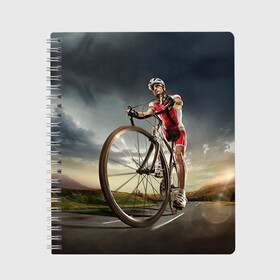 Тетрадь с принтом Велогонщик в Петрозаводске, 100% бумага | 48 листов, плотность листов — 60 г/м2, плотность картонной обложки — 250 г/м2. Листы скреплены сбоку удобной пружинной спиралью. Уголки страниц и обложки скругленные. Цвет линий — светло-серый
 | extreme | вело | велосипед | шоссейный велосипед | экстрим