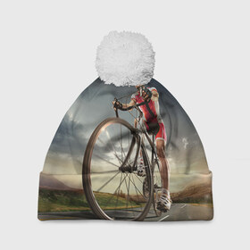 Шапка 3D c помпоном с принтом Велогонщик в Петрозаводске, 100% полиэстер | универсальный размер, печать по всей поверхности изделия | extreme | вело | велосипед | шоссейный велосипед | экстрим