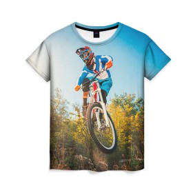 Женская футболка 3D с принтом МТБ в Петрозаводске, 100% полиэфир ( синтетическое хлопкоподобное полотно) | прямой крой, круглый вырез горловины, длина до линии бедер | extreme | вело | велосипед | маунтинбайк | мтб | экстрим