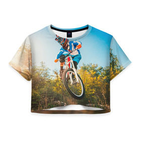 Женская футболка 3D укороченная с принтом МТБ в Петрозаводске, 100% полиэстер | круглая горловина, длина футболки до линии талии, рукава с отворотами | extreme | вело | велосипед | маунтинбайк | мтб | экстрим