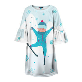 Детское платье 3D с принтом Лыжник в Петрозаводске, 100% полиэстер | прямой силуэт, чуть расширенный к низу. Круглая горловина, на рукавах — воланы | extreme | ski | skiing | горнолыжное | горные лыжи | лыжник | фристайл | экстрим