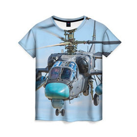 Женская футболка 3D с принтом КА 52 в Петрозаводске, 100% полиэфир ( синтетическое хлопкоподобное полотно) | прямой крой, круглый вырез горловины, длина до линии бедер | авиация | аллигатор | армия | боевой | ввс | вертолет | военная техника | ка 52 | ударный | черная акула