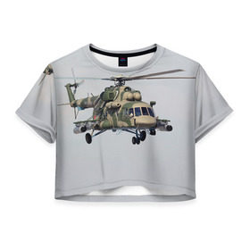 Женская футболка 3D укороченная с принтом МИ 8 в Петрозаводске, 100% полиэстер | круглая горловина, длина футболки до линии талии, рукава с отворотами | авиация | армия | ввс | вертолет | военная техника | ми 8 | ударный