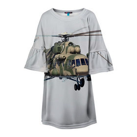 Детское платье 3D с принтом МИ 8 в Петрозаводске, 100% полиэстер | прямой силуэт, чуть расширенный к низу. Круглая горловина, на рукавах — воланы | Тематика изображения на принте: авиация | армия | ввс | вертолет | военная техника | ми 8 | ударный