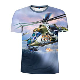 Мужская футболка 3D спортивная с принтом МИ 24 в Петрозаводске, 100% полиэстер с улучшенными характеристиками | приталенный силуэт, круглая горловина, широкие плечи, сужается к линии бедра | авиация | армия | боевой | ввс | вертолет | военная техника | крокодил | ми 24 | ударный