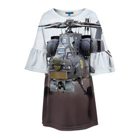 Детское платье 3D с принтом МИ 28 в Петрозаводске, 100% полиэстер | прямой силуэт, чуть расширенный к низу. Круглая горловина, на рукавах — воланы | авиация | армия | боевой | ввс | вертолет | военная техника | ми 28 | ночной охотник | ударный