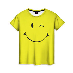 Женская футболка 3D с принтом Смайл в Петрозаводске, 100% полиэфир ( синтетическое хлопкоподобное полотно) | прямой крой, круглый вырез горловины, длина до линии бедер | Тематика изображения на принте: emoji | smile | жёлтый | смайл | смайлик | улыбка | эмодзи | эмоции