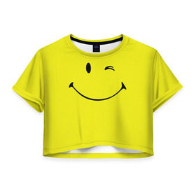 Женская футболка 3D укороченная с принтом Смайл в Петрозаводске, 100% полиэстер | круглая горловина, длина футболки до линии талии, рукава с отворотами | emoji | smile | жёлтый | смайл | смайлик | улыбка | эмодзи | эмоции