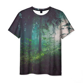 Мужская футболка 3D с принтом Таинственный лес в Петрозаводске, 100% полиэфир | прямой крой, круглый вырез горловины, длина до линии бедер | деревья | зелень | на макете изображен таинственный зеленый леслес