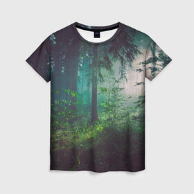 Женская футболка 3D с принтом Таинственный лес в Петрозаводске, 100% полиэфир ( синтетическое хлопкоподобное полотно) | прямой крой, круглый вырез горловины, длина до линии бедер | деревья | зелень | на макете изображен таинственный зеленый леслес