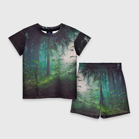 Детский костюм с шортами 3D с принтом Таинственный лес в Петрозаводске,  |  | Тематика изображения на принте: деревья | зелень | на макете изображен таинственный зеленый леслес