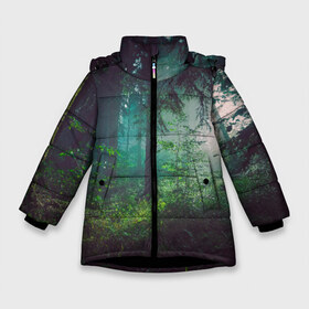 Зимняя куртка для девочек 3D с принтом Таинственный лес в Петрозаводске, ткань верха — 100% полиэстер; подклад — 100% полиэстер, утеплитель — 100% полиэстер. | длина ниже бедра, удлиненная спинка, воротник стойка и отстегивающийся капюшон. Есть боковые карманы с листочкой на кнопках, утяжки по низу изделия и внутренний карман на молнии. 

Предусмотрены светоотражающий принт на спинке, радужный светоотражающий элемент на пуллере молнии и на резинке для утяжки. | деревья | зелень | на макете изображен таинственный зеленый леслес