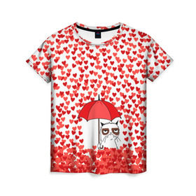 Женская футболка 3D с принтом Сердцепад в Петрозаводске, 100% полиэфир ( синтетическое хлопкоподобное полотно) | прямой крой, круглый вырез горловины, длина до линии бедер | зонтик | кот | сердитый | сердца | сердцепад