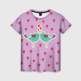 Женская футболка 3D с принтом Птички в Петрозаводске, 100% полиэфир ( синтетическое хлопкоподобное полотно) | прямой крой, круглый вырез горловины, длина до линии бедер | 14 февраля | love | валентин | влюбленные | любовь | птички | сердечко | сердце