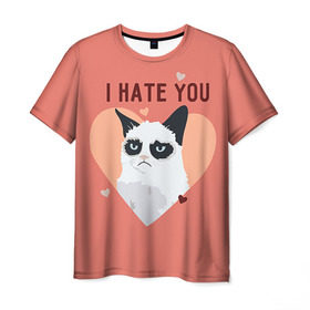 Мужская футболка 3D с принтом I hate you в Петрозаводске, 100% полиэфир | прямой крой, круглый вырез горловины, длина до линии бедер | 14 февраля | cat | i hate you | день святого валентина | кот | ненавижу 14 февраля | сердечки