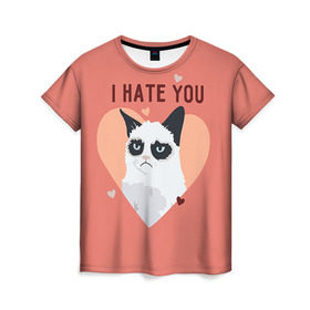 Женская футболка 3D с принтом I hate you в Петрозаводске, 100% полиэфир ( синтетическое хлопкоподобное полотно) | прямой крой, круглый вырез горловины, длина до линии бедер | 14 февраля | cat | i hate you | день святого валентина | кот | ненавижу 14 февраля | сердечки