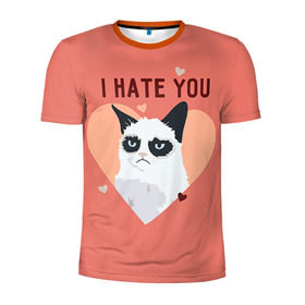 Мужская футболка 3D спортивная с принтом I hate you в Петрозаводске, 100% полиэстер с улучшенными характеристиками | приталенный силуэт, круглая горловина, широкие плечи, сужается к линии бедра | 14 февраля | cat | i hate you | день святого валентина | кот | ненавижу 14 февраля | сердечки