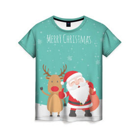 Женская футболка 3D с принтом Merry Christmas в Петрозаводске, 100% полиэфир ( синтетическое хлопкоподобное полотно) | прямой крой, круглый вырез горловины, длина до линии бедер | merry christmas | дед мороз | новый год | рождество