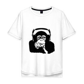 Мужская футболка хлопок Oversize с принтом Обезьяна в наушниках в Петрозаводске, 100% хлопок | свободный крой, круглый ворот, “спинка” длиннее передней части | Тематика изображения на принте: 2016 | наушники | обезьяна | символ | шимпанзе