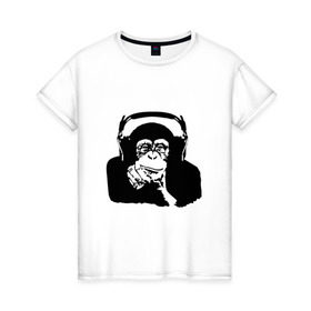 Женская футболка хлопок с принтом Обезьяна в наушниках в Петрозаводске, 100% хлопок | прямой крой, круглый вырез горловины, длина до линии бедер, слегка спущенное плечо | 2016 | наушники | обезьяна | символ | шимпанзе
