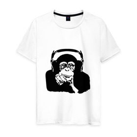 Мужская футболка хлопок с принтом Обезьяна в наушниках в Петрозаводске, 100% хлопок | прямой крой, круглый вырез горловины, длина до линии бедер, слегка спущенное плечо. | Тематика изображения на принте: 2016 | наушники | обезьяна | символ | шимпанзе