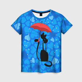 Женская футболка 3D с принтом Под зонтом в Петрозаводске, 100% полиэфир ( синтетическое хлопкоподобное полотно) | прямой крой, круглый вырез горловины, длина до линии бедер | дождь | кот | кошка | любовь | под зонтом | сердца