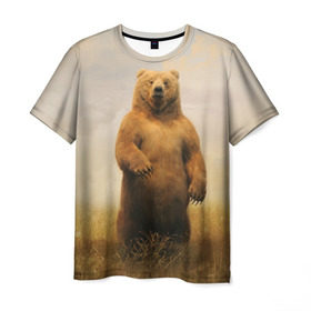 Мужская футболка 3D с принтом Медведь в поле в Петрозаводске, 100% полиэфир | прямой крой, круглый вырез горловины, длина до линии бедер | bear | медведь | одуванчики | русский медведь в чистом русском поле мечта патриотаполе | сено