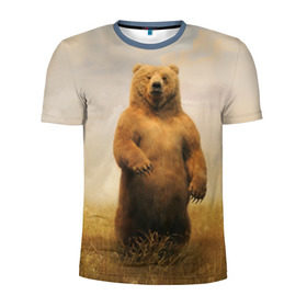 Мужская футболка 3D спортивная с принтом Медведь в поле в Петрозаводске, 100% полиэстер с улучшенными характеристиками | приталенный силуэт, круглая горловина, широкие плечи, сужается к линии бедра | Тематика изображения на принте: bear | медведь | одуванчики | русский медведь в чистом русском поле мечта патриотаполе | сено