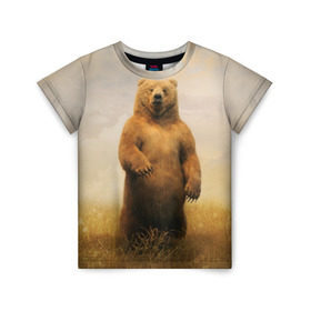 Детская футболка 3D с принтом Медведь в поле в Петрозаводске, 100% гипоаллергенный полиэфир | прямой крой, круглый вырез горловины, длина до линии бедер, чуть спущенное плечо, ткань немного тянется | Тематика изображения на принте: bear | медведь | одуванчики | русский медведь в чистом русском поле мечта патриотаполе | сено