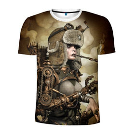 Мужская футболка 3D спортивная с принтом Девушка steampunk в Петрозаводске, 100% полиэстер с улучшенными характеристиками | приталенный силуэт, круглая горловина, широкие плечи, сужается к линии бедра | Тематика изображения на принте: девушка steampunk | киберпанк | очки | шапка