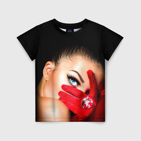 Детская футболка 3D с принтом Девушка с бриллиантом в Петрозаводске, 100% гипоаллергенный полиэфир | прямой крой, круглый вырез горловины, длина до линии бедер, чуть спущенное плечо, ткань немного тянется | взгляд | девушка с бриллиантом | красная | перчатка