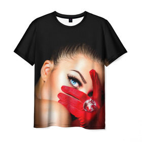 Мужская футболка 3D с принтом Девушка с бриллиантом в Петрозаводске, 100% полиэфир | прямой крой, круглый вырез горловины, длина до линии бедер | взгляд | девушка с бриллиантом | красная | перчатка
