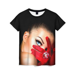 Женская футболка 3D с принтом Девушка с бриллиантом в Петрозаводске, 100% полиэфир ( синтетическое хлопкоподобное полотно) | прямой крой, круглый вырез горловины, длина до линии бедер | взгляд | девушка с бриллиантом | красная | перчатка