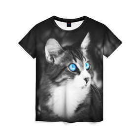 Женская футболка 3D с принтом Кот в Петрозаводске, 100% полиэфир ( синтетическое хлопкоподобное полотно) | прямой крой, круглый вырез горловины, длина до линии бедер | взгляд | глаза | голубые | кот