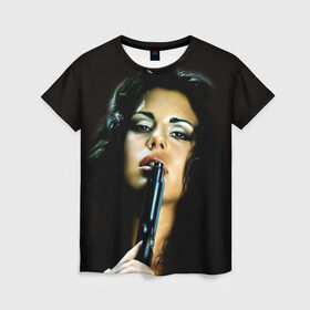 Женская футболка 3D с принтом Девушка с пистолетом в Петрозаводске, 100% полиэфир ( синтетическое хлопкоподобное полотно) | прямой крой, круглый вырез горловины, длина до линии бедер | брюнетка | девушка с пистолетом | красивая | модель