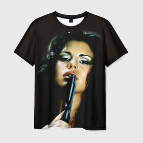 Мужская футболка 3D с принтом Девушка с пистолетом в Петрозаводске, 100% полиэфир | прямой крой, круглый вырез горловины, длина до линии бедер | брюнетка | девушка с пистолетом | красивая | модель