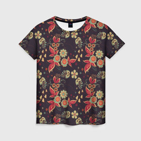 Женская футболка 3D с принтом Хохлома в Петрозаводске, 100% полиэфир ( синтетическое хлопкоподобное полотно) | прямой крой, круглый вырез горловины, длина до линии бедер | народные | прикольные | русские | украина | хохлома | цветы