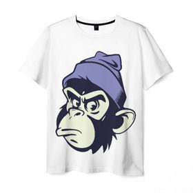Мужская футболка 3D с принтом Обезьяна в шапке в Петрозаводске, 100% полиэфир | прямой крой, круглый вырез горловины, длина до линии бедер | мода | обезьяна | хипстер | шапка