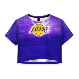 Женская футболка 3D укороченная с принтом Los Angeles Lakers в Петрозаводске, 100% полиэстер | круглая горловина, длина футболки до линии талии, рукава с отворотами | basketball | la | lakers | los angeles | nba | баскет | баскетбол | баскетбольный | лейкерс | нба | спорт