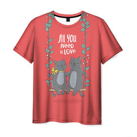 Мужская футболка 3D с принтом Кисули Love в Петрозаводске, 100% полиэфир | прямой крой, круглый вырез горловины, длина до линии бедер | 14 февраля | love | влюбленный | день святого валентина | котики | любовь | милый | романтика | сердце