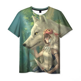 Мужская футболка 3D с принтом Принцесса и волк в Петрозаводске, 100% полиэфир | прямой крой, круглый вырез горловины, длина до линии бедер | волк | классика | лес | мононоке | фэнтези | хидео | хит