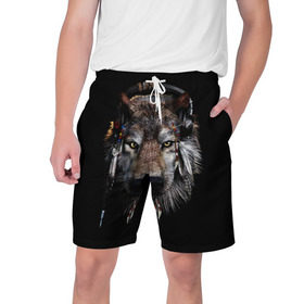 Мужские шорты 3D с принтом Волк в Петрозаводске,  полиэстер 100% | прямой крой, два кармана без застежек по бокам. Мягкая трикотажная резинка на поясе, внутри которой широкие завязки. Длина чуть выше колен | волк
