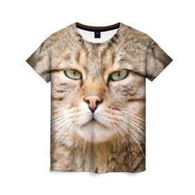 Женская футболка 3D с принтом Кот в Петрозаводске, 100% полиэфир ( синтетическое хлопкоподобное полотно) | прямой крой, круглый вырез горловины, длина до линии бедер | дикий | животное | кот | котэ | кошка