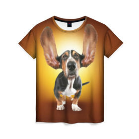 Женская футболка 3D с принтом Бассетхаунд в Петрозаводске, 100% полиэфир ( синтетическое хлопкоподобное полотно) | прямой крой, круглый вырез горловины, длина до линии бедер | бассетхаунд | ветер | музыка | наушники | собака | уши