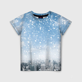 Детская футболка 3D с принтом Снежный город в Петрозаводске, 100% гипоаллергенный полиэфир | прямой крой, круглый вырез горловины, длина до линии бедер, чуть спущенное плечо, ткань немного тянется | город | зима | природа | снег | снегопад
