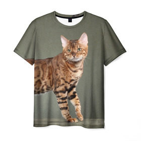Мужская футболка 3D с принтом Бенгальский кот в Петрозаводске, 100% полиэфир | прямой крой, круглый вырез горловины, длина до линии бедер | бенгальский | домашняя | животное | кот | котэ | кошка