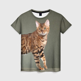 Женская футболка 3D с принтом Бенгальский кот в Петрозаводске, 100% полиэфир ( синтетическое хлопкоподобное полотно) | прямой крой, круглый вырез горловины, длина до линии бедер | Тематика изображения на принте: бенгальский | домашняя | животное | кот | котэ | кошка