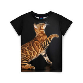Детская футболка 3D с принтом Бенгальская кошка в Петрозаводске, 100% гипоаллергенный полиэфир | прямой крой, круглый вырез горловины, длина до линии бедер, чуть спущенное плечо, ткань немного тянется | бенгальская | домашняя | животное | кот | котэ | кошка