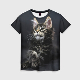 Женская футболка 3D с принтом Кот в Петрозаводске, 100% полиэфир ( синтетическое хлопкоподобное полотно) | прямой крой, круглый вырез горловины, длина до линии бедер | Тематика изображения на принте: домашняя | животное | кот | котэ | кошка